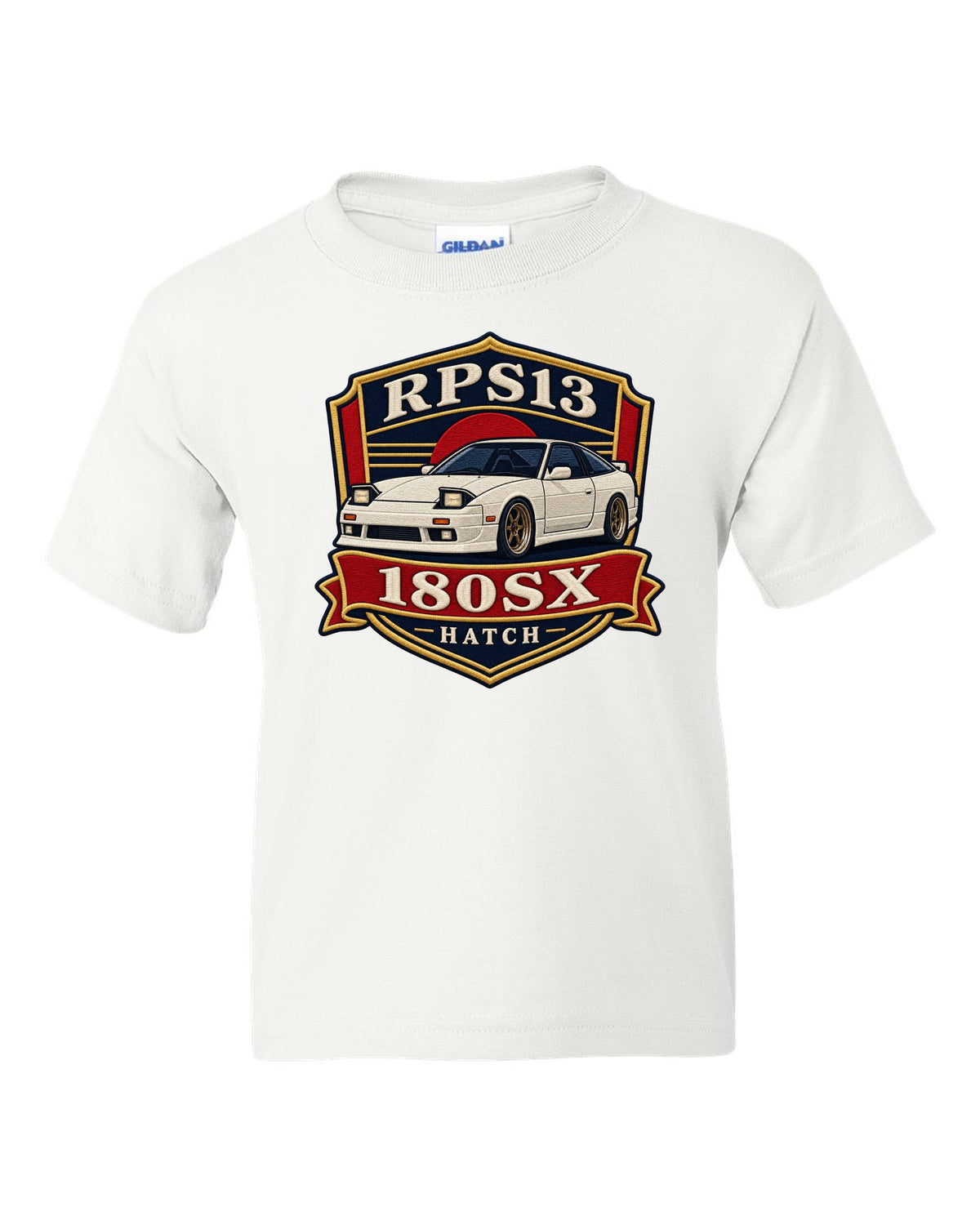 Shield crest print for the Nissan 180SX RPS13 chback white kids tee front view with the design