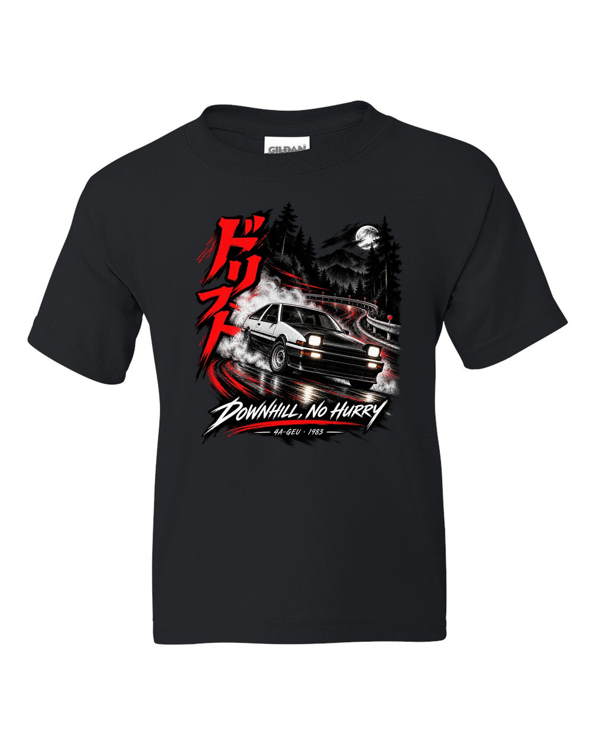 Touge night print of a Toyota Sprinter Trueno AE86 zenki with drift kanji and Downhill No Hurry text black kids tee front view with the design