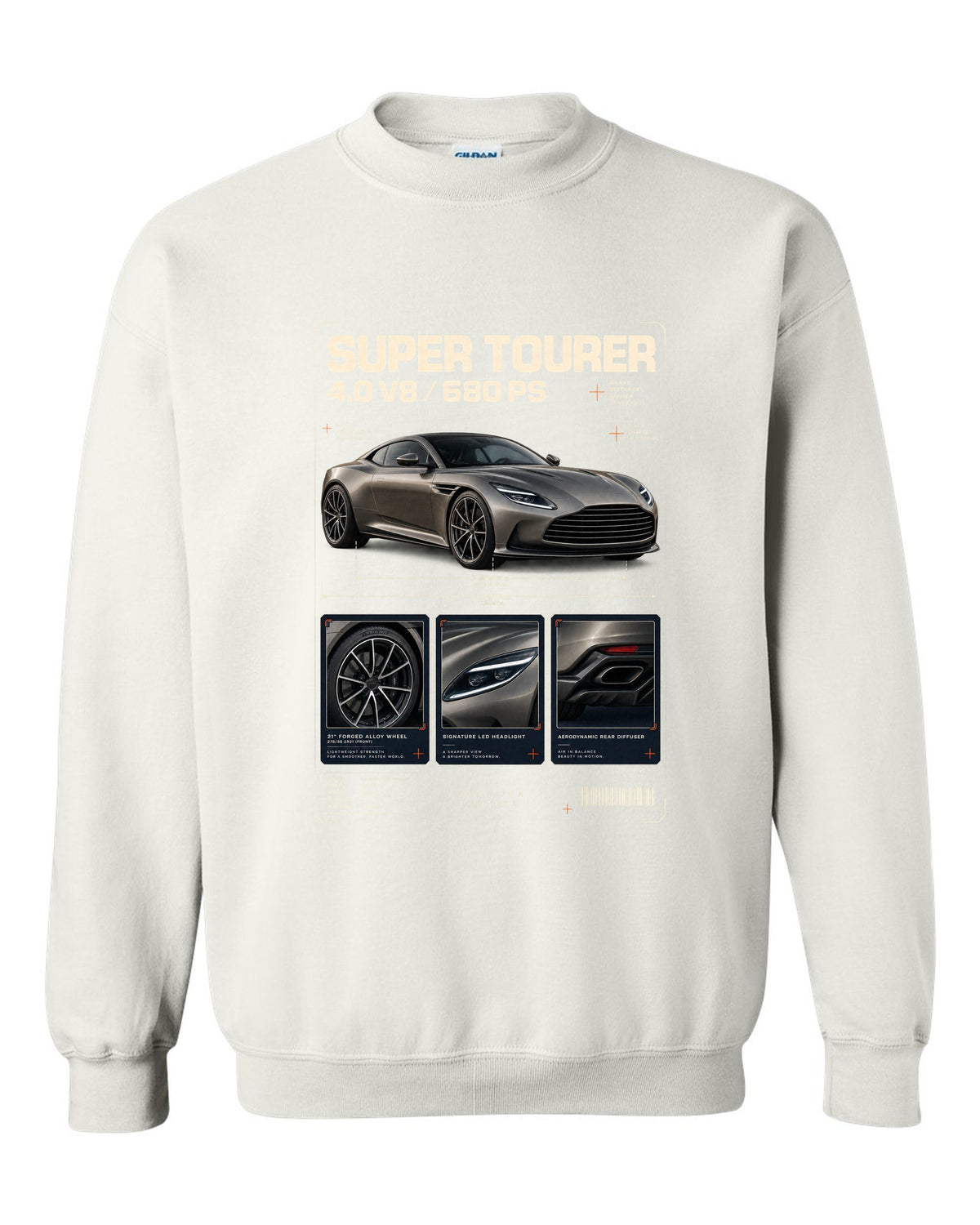 Aston Martin DB12 2023 dossier panels print with super tourer 4.0 V8 680 PS text white crewneck front view with the design