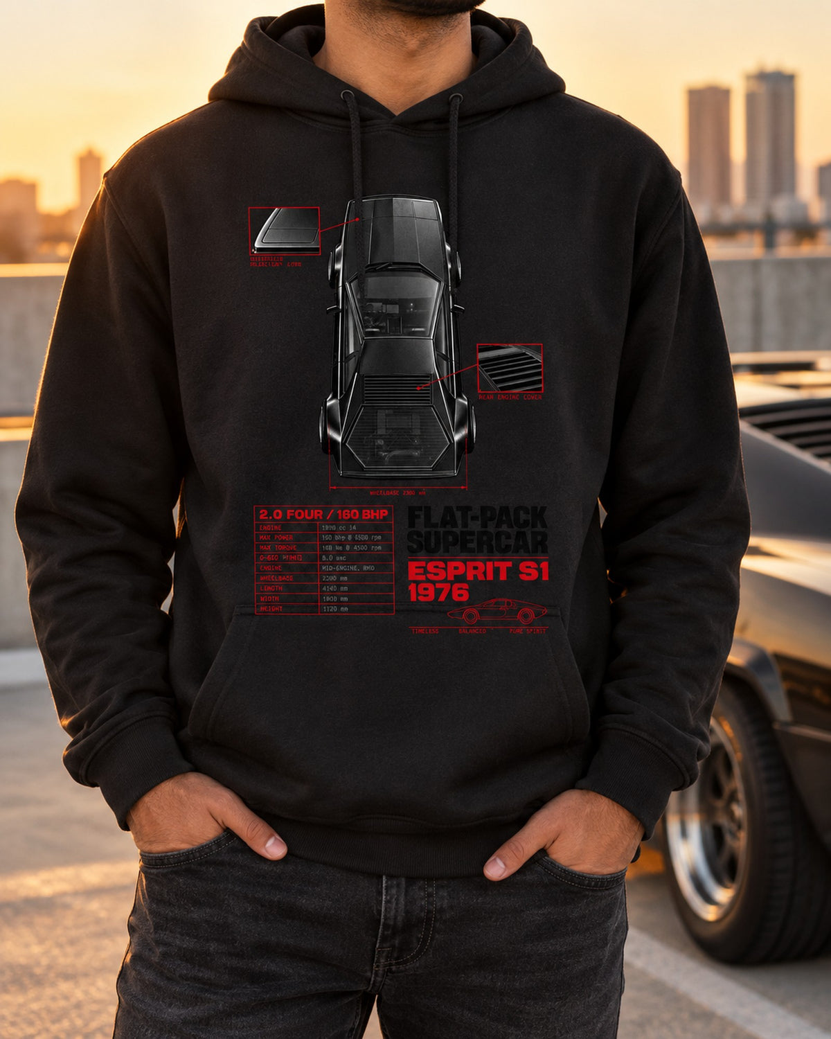 Lotus Esprit S1 1976 Top-Down Spec Poster Tee Pull Over Hoodie Black worn hero