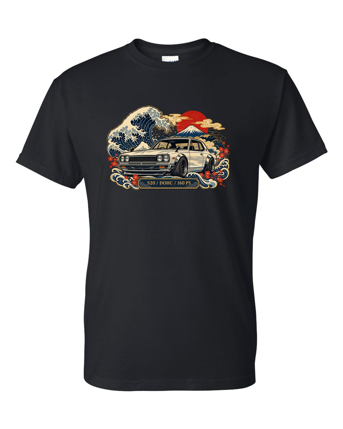 Ukiyo-e woodblock wave print of the Skyline 2000GT-R Hakosuka KPGC10 with S20 DOHC 160 PS lettering black t-shirt front view with the design