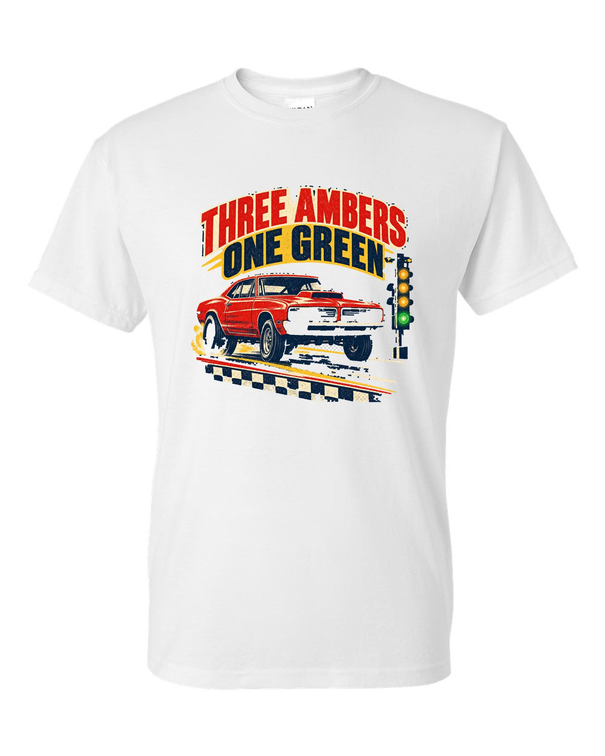 Vintage drag-race poster of a 1969 Plymouth Road Runner with the Christmas tree lights white t-shirt front view with the design