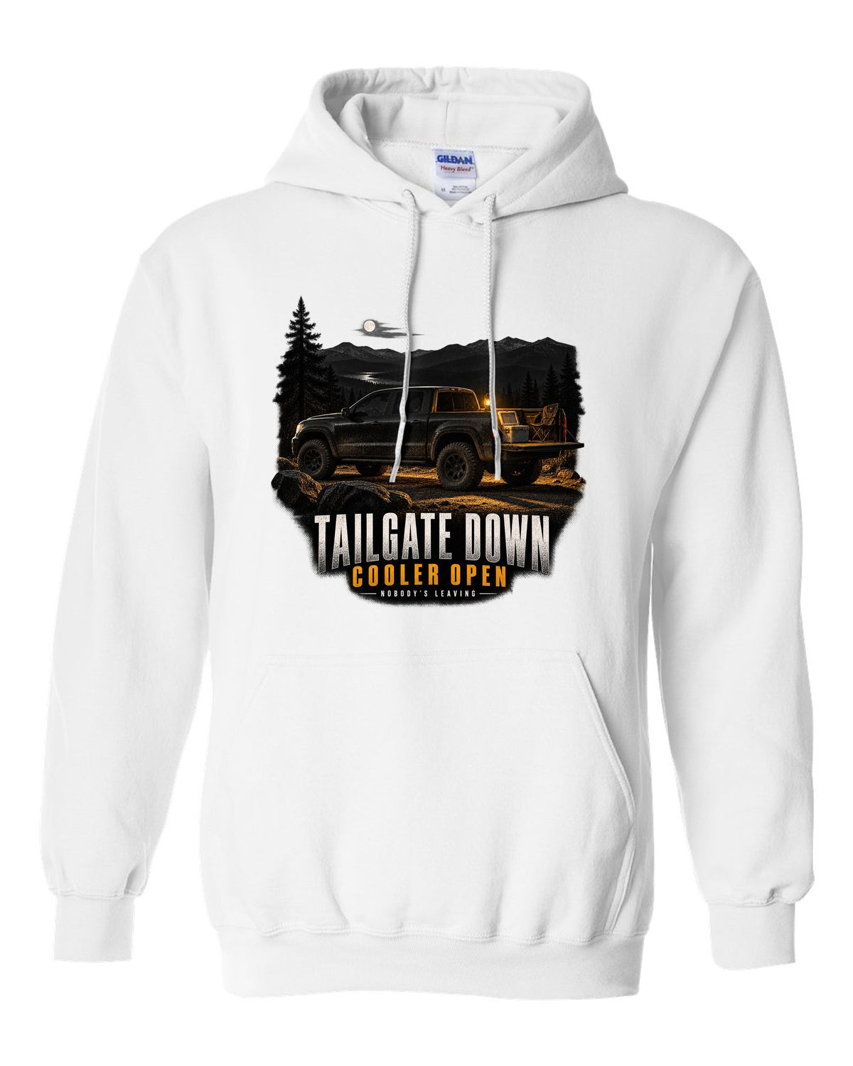 Jeep Gladiator JT with tailgate down in a night garage print white pull over hoodie front view with the design