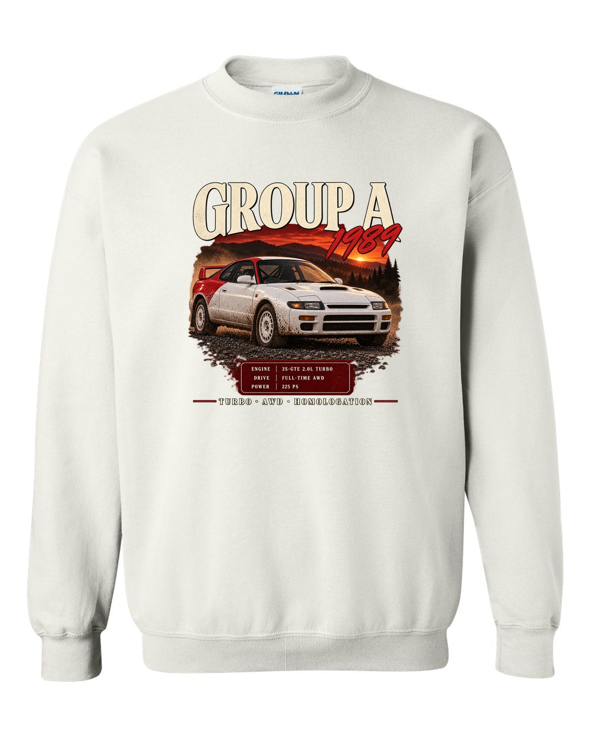 Archive panel print of a Toyota Celica GT-Four ST185 with Group A 1989 specs white crewneck front view with the design