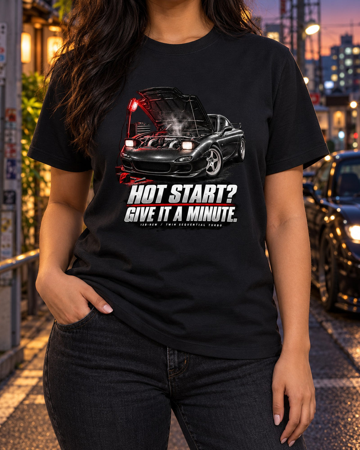 Mazda RX-7 FD3S Hot Start Garage Shirt, 13B-REW T-Shirt Black worn hero