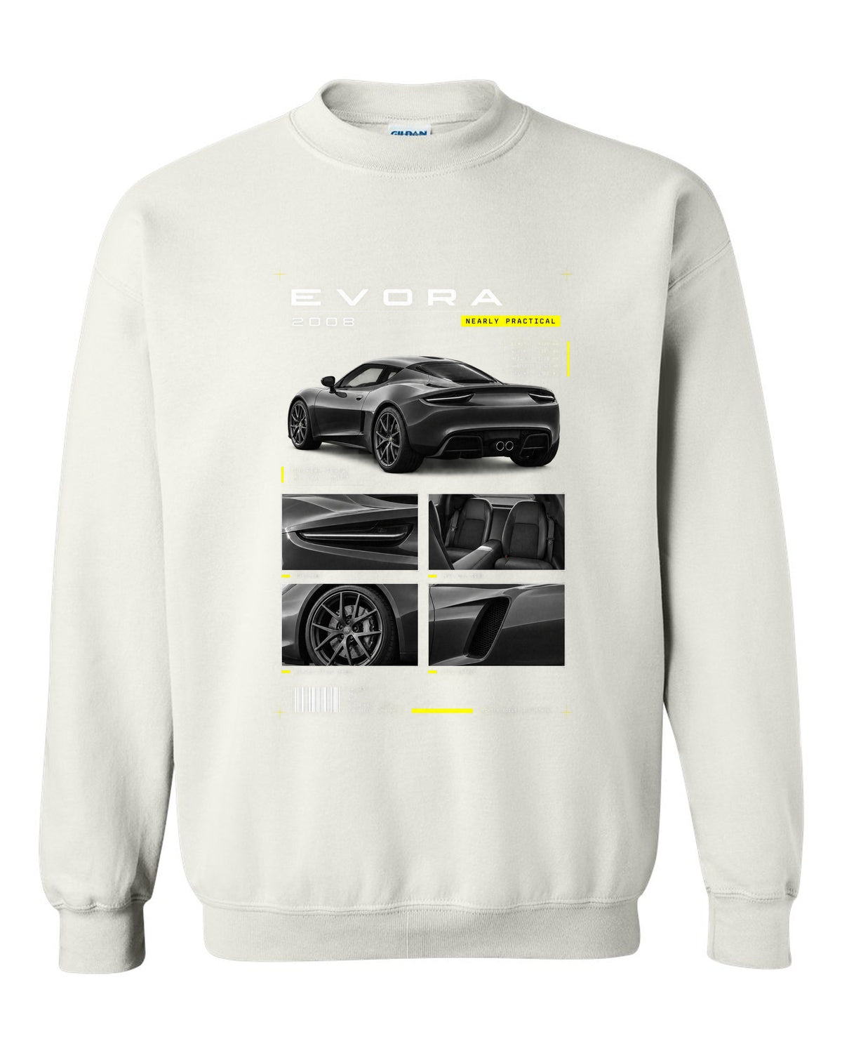 Lotus Evora 2008 dossier panels print white crewneck front view with the design