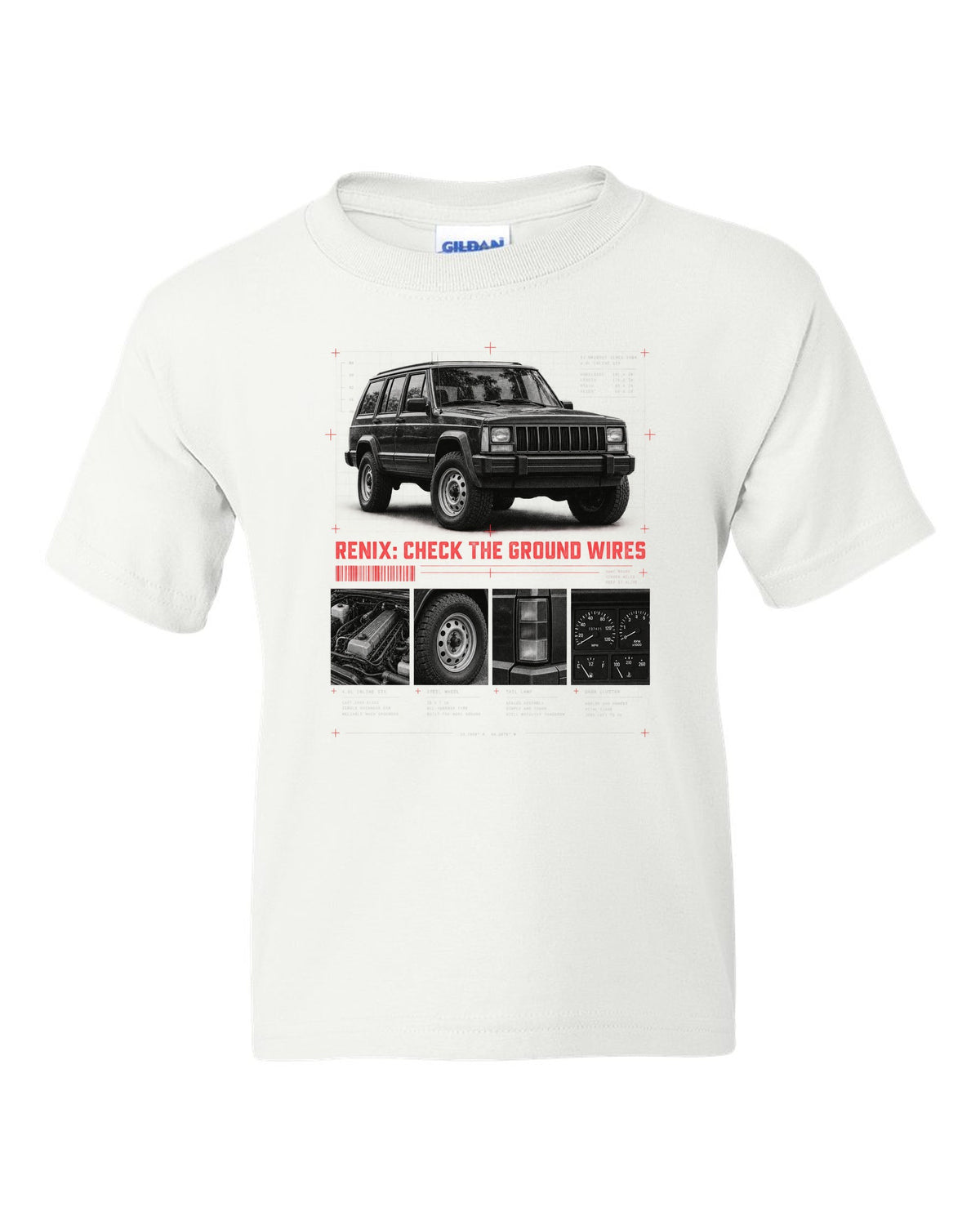 Dossier panel print for the Jeep Cherokee XJ Renix era, 1987-1990 4.0L white kids tee front view with the design