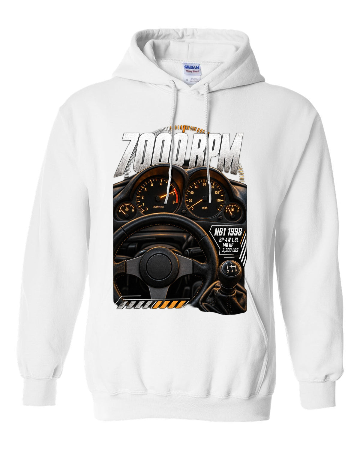 Cockpit gauge print for the 1998 Mazda MX-5 NB1 with 7000 rpm, BP-4W 1.8L and 140 HP white pull over hoodie front view with the design