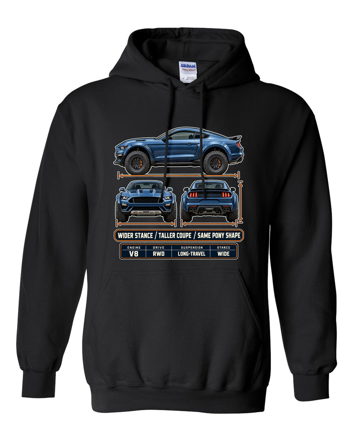 print of a Mustang Raptor concept three-view drawing with spec table and pony shape text black pull over hoodie front view with the design