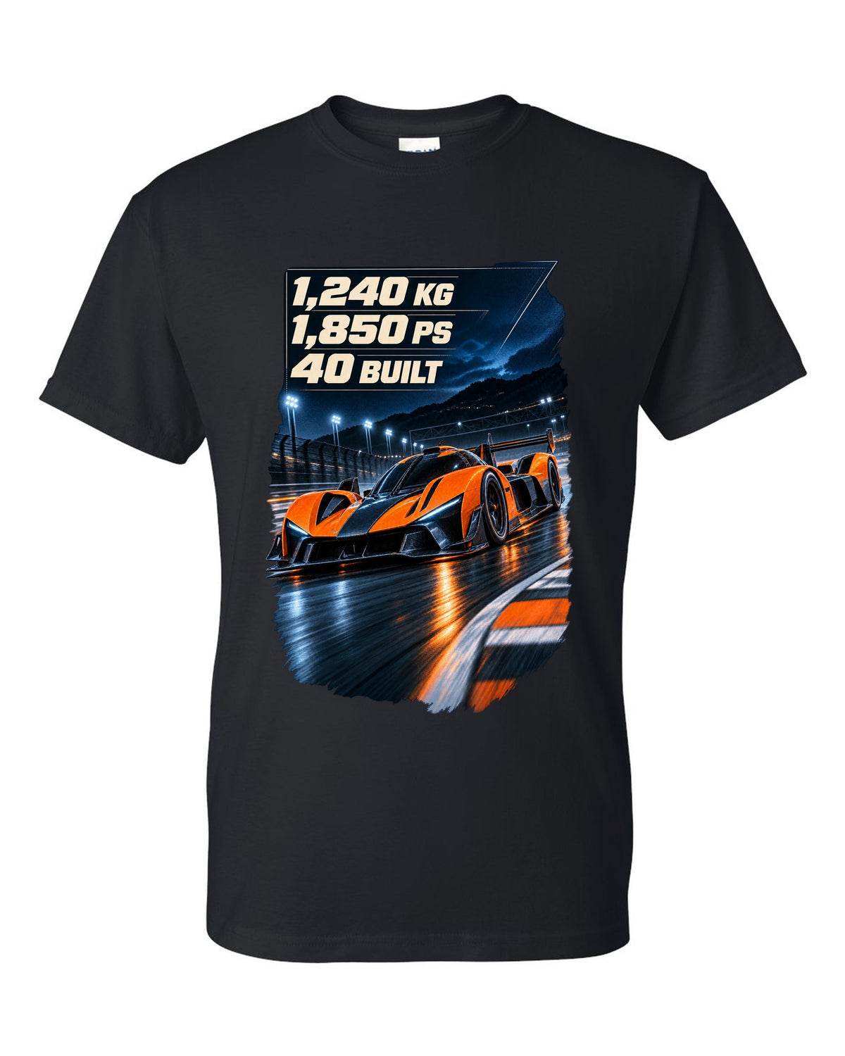 Bugatti Bolide track car at night print with weight and power figures black t-shirt front view with the design