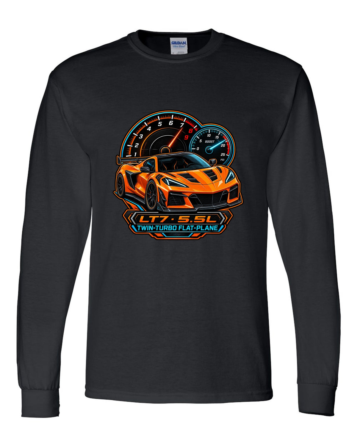 Embroidery-style varsity crest of a 2023 C8 Corvette Z06 with LT7 engine lettering black long sleeve front view with the design