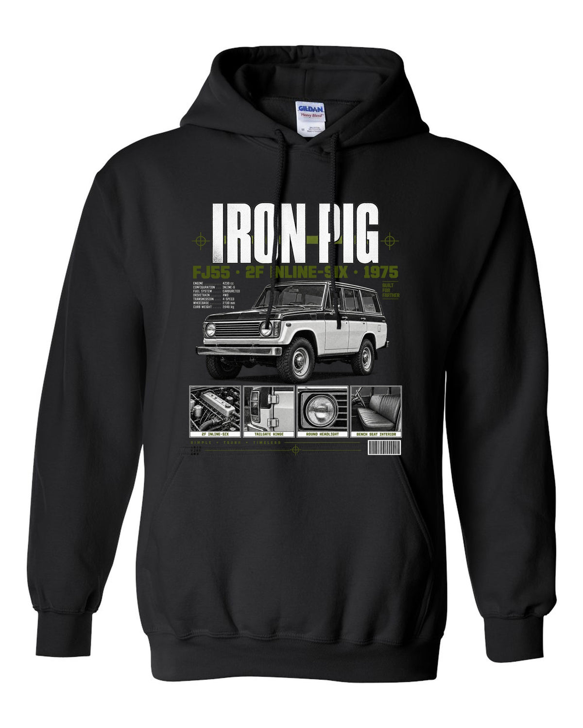 Dossier panel print of a Toyota Land Cruiser FJ55 wagon with Iron Pig and 2F text black pull over hoodie front view with the design
