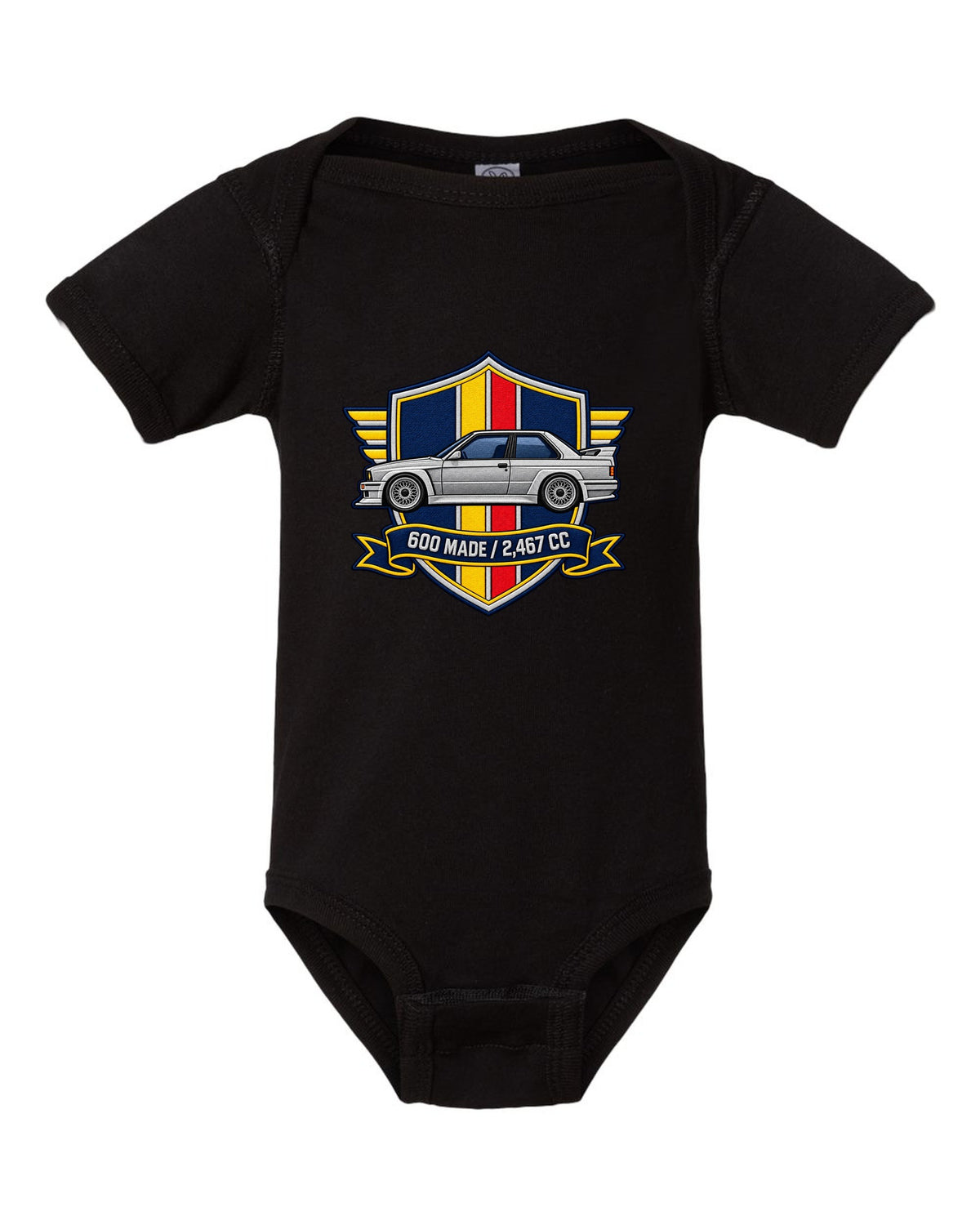Varsity crest style print of a BMW E30 M3 Sport Evo with 600 made and 2,467 cc text black baby onesie front view with the design