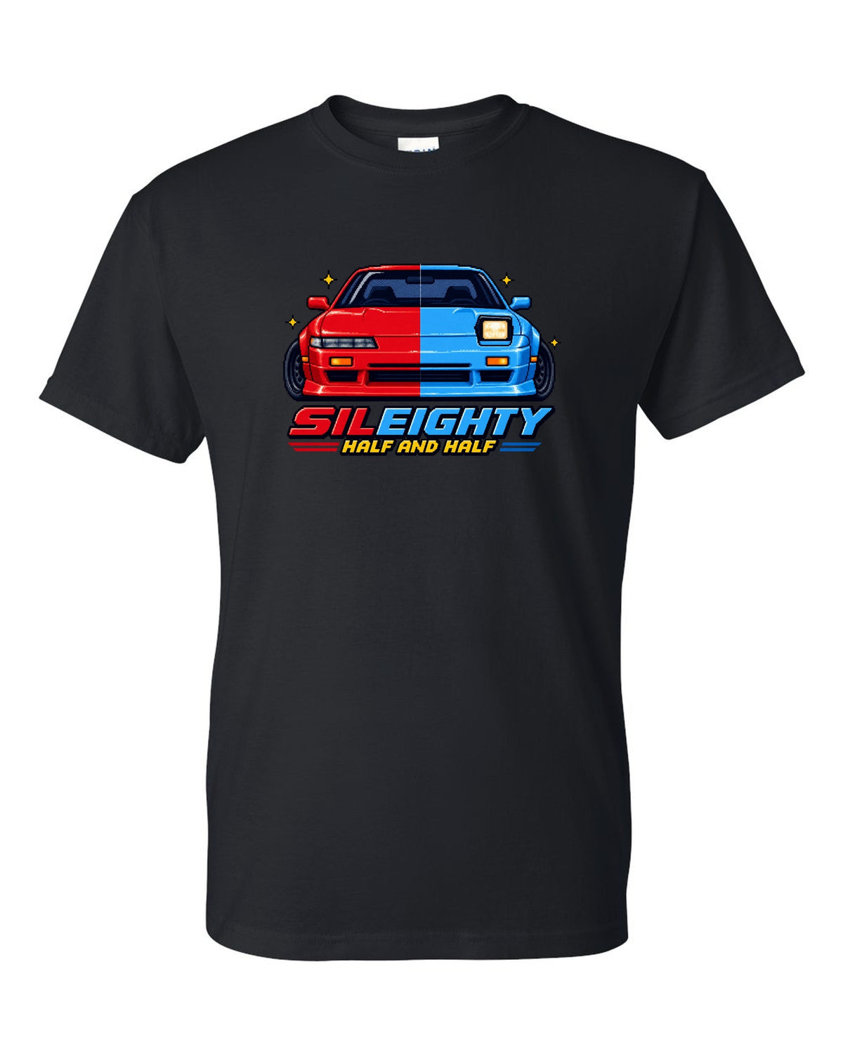 16-bit pixel art print of a Nissan Sileighty 180SX and Silvia S13 hybrid with Half and Half lettering black t-shirt front view with the design