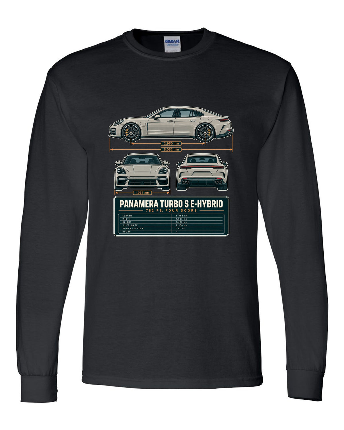 Three-view print of a Porsche Panamera Turbo S E-Hybrid G3 with 782 PS spec table black long sleeve front view with the design
