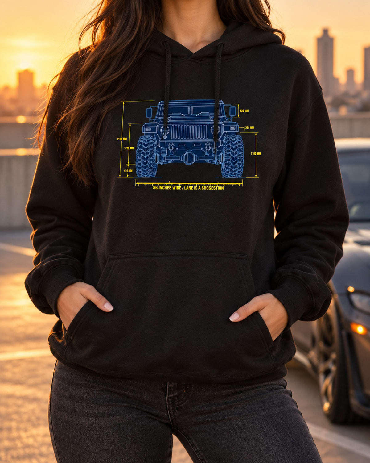 Hummer H1 M998 Lineage Width Blueprint Shirt, 86 Inches Wide Pull Over Hoodie Black worn hero