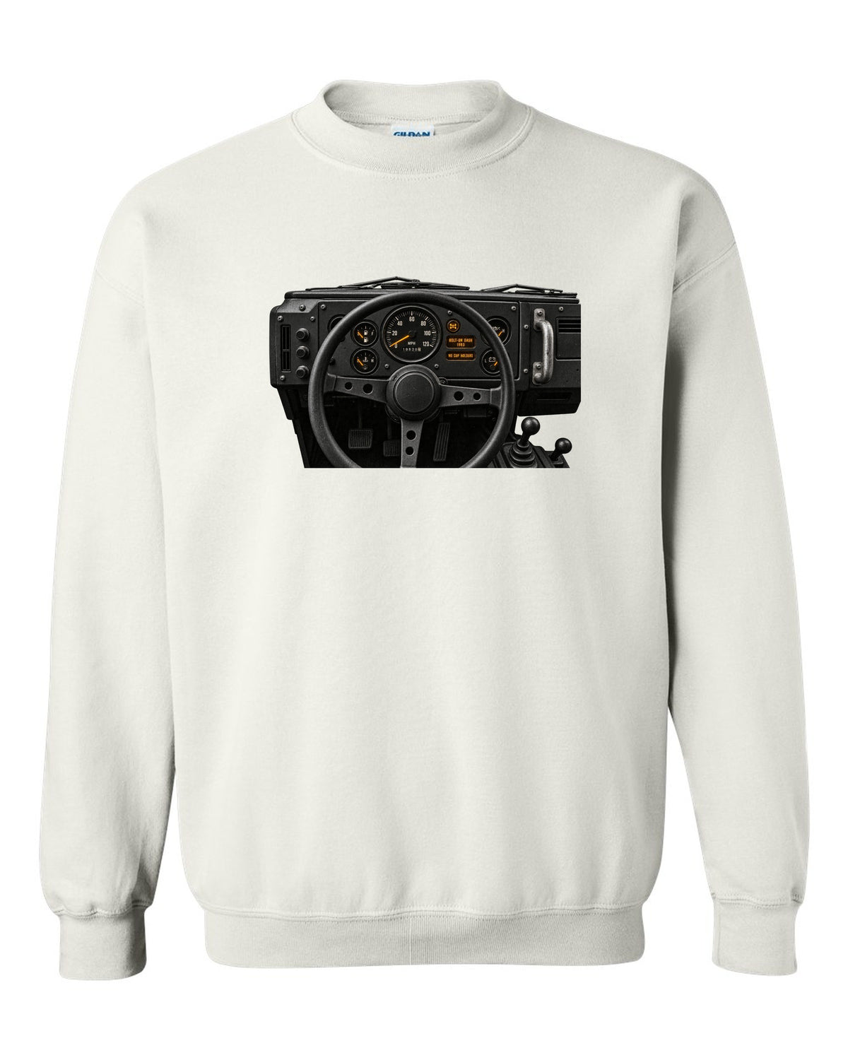 Land Rover Defender 110 cockpit gauge print with bolt-on dash text white crewneck front view with the design