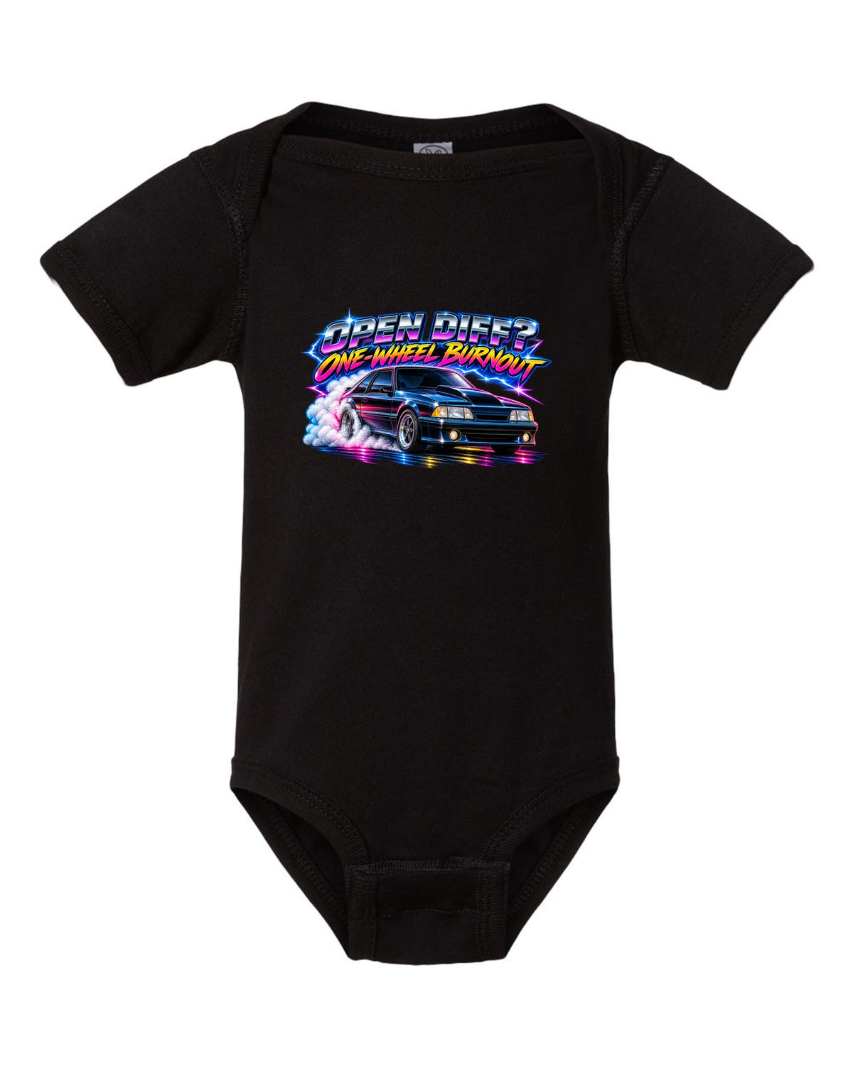 80s airbrush chrome print of a Ford Mustang Fox Body GT chback with a one-wheel burnout black baby onesie front view with the design