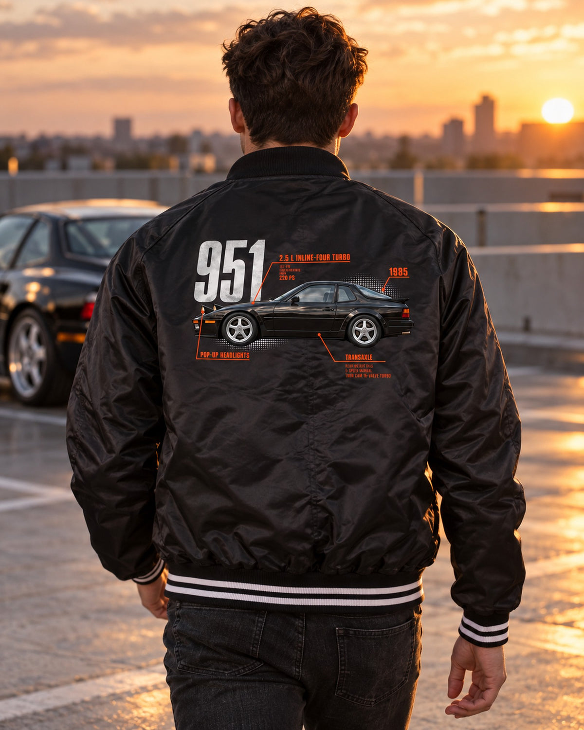 Porsche 944 Turbo 951 Spec Poster Shirt, Pop-Up Lights Bomber Jacket Black worn hero