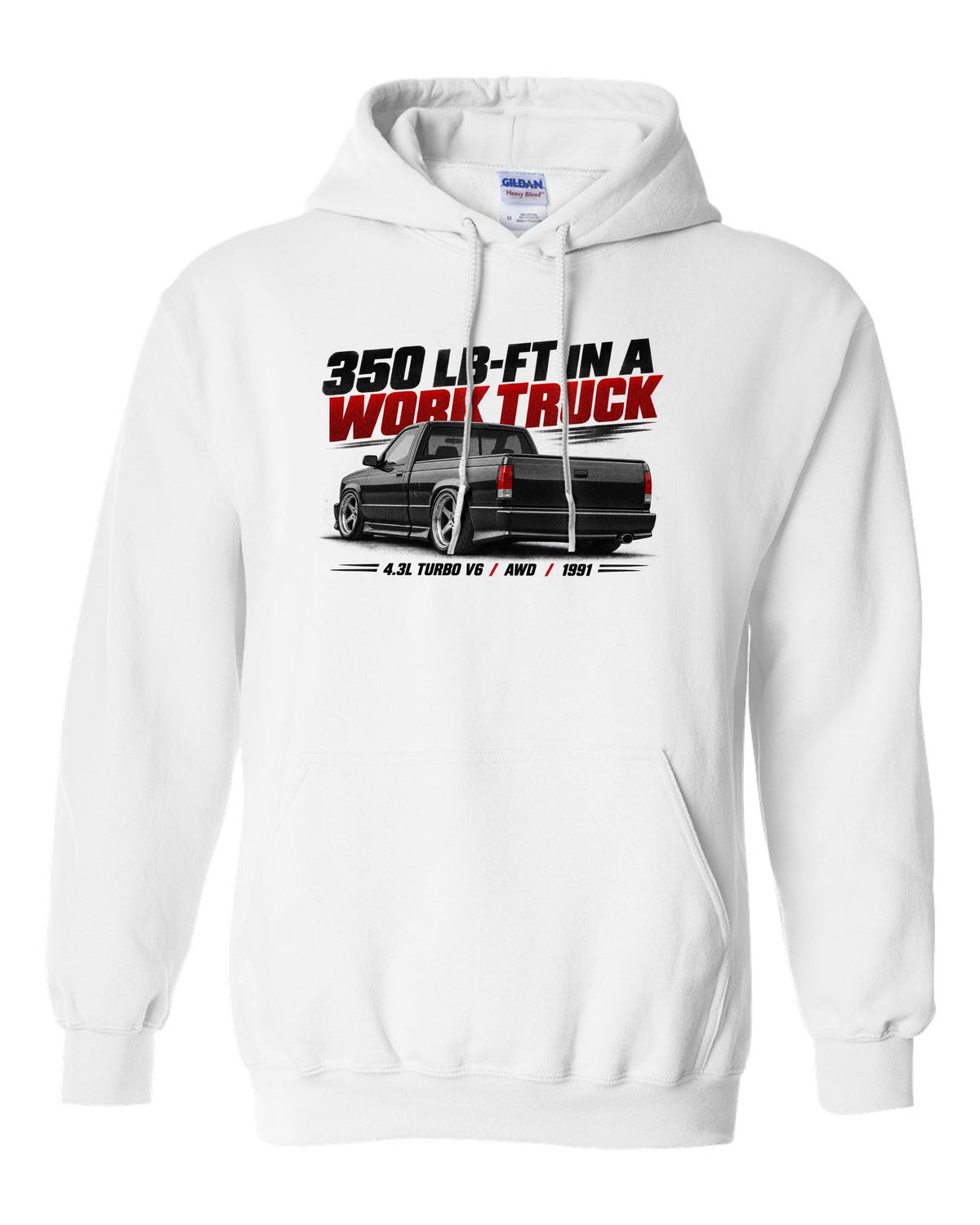 Halftone print of a 1991 GMC Syclone in a low rear three-quarter view white pull over hoodie front view with the design