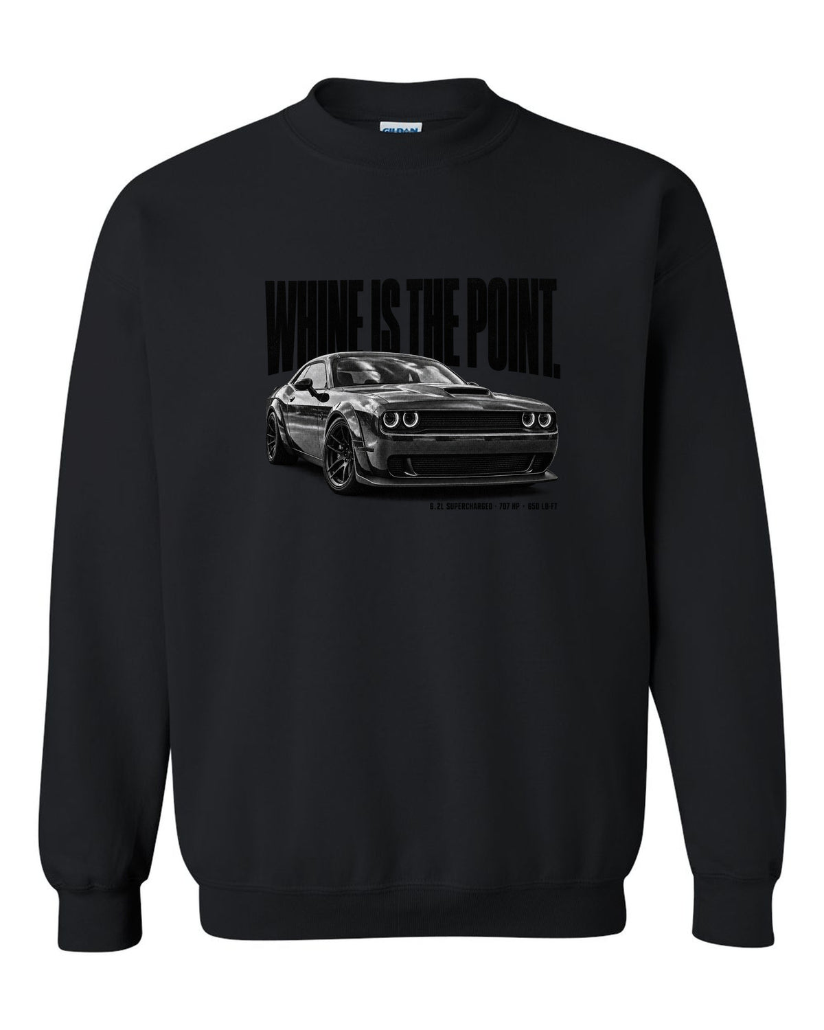 Halftone statement print of a 2018 Dodge Challenger Hellcat with whine is the point text black crewneck front view with the design