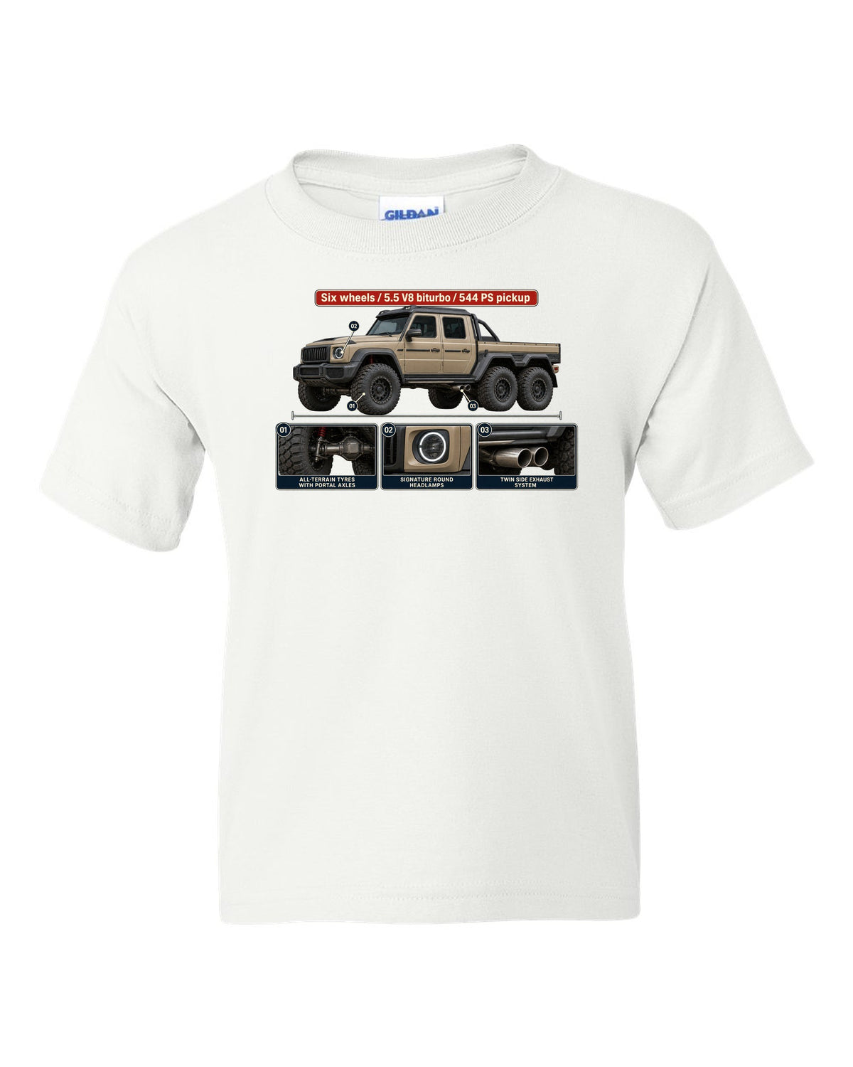 Dossier panel print of a Mercedes-Benz G63 AMG 6x6 W463 pickup white kids tee front view with the design