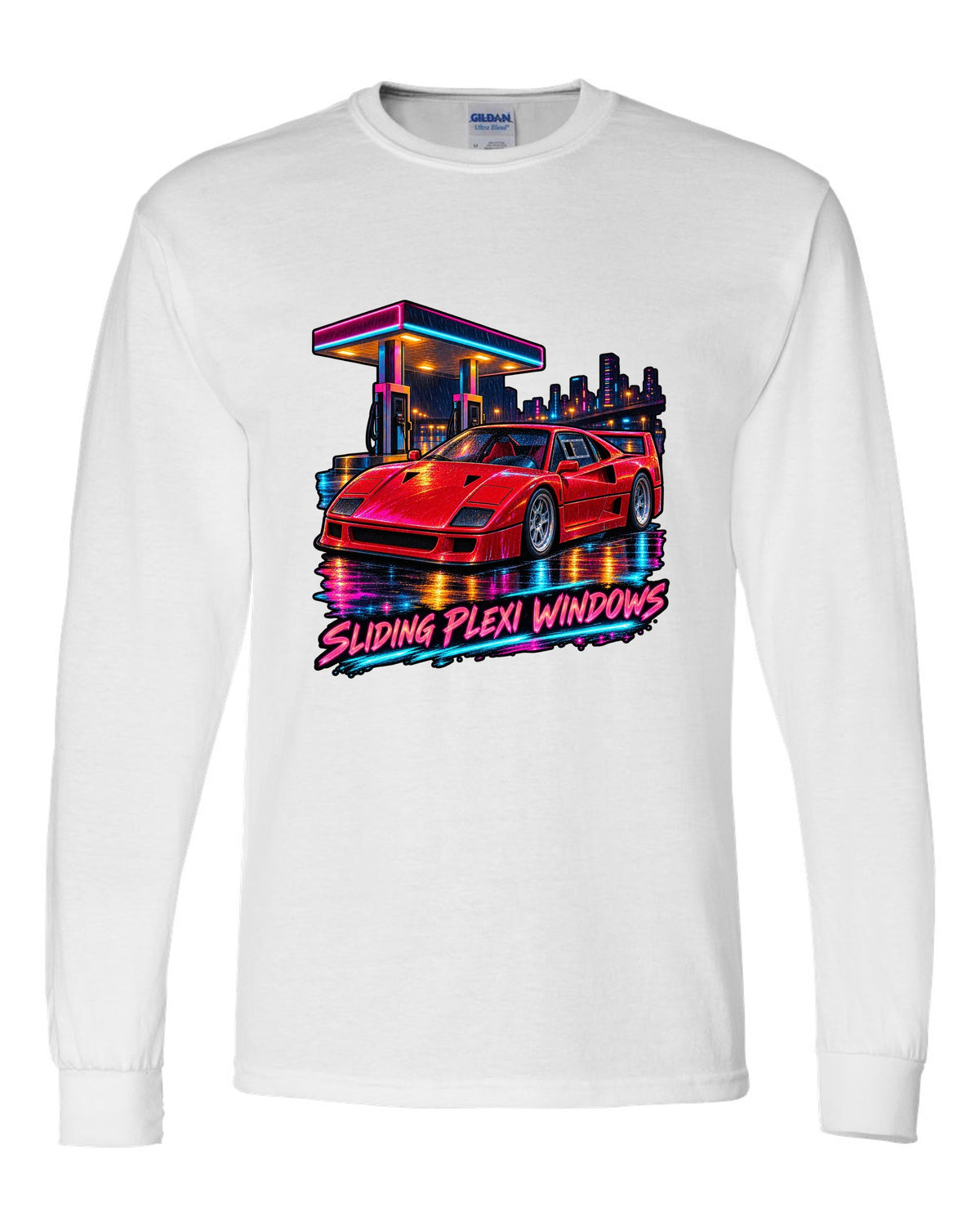 Neon night-city gouache print of a 1987 Ferrari F40 F120 with sliding plexi windows text white long sleeve front view with the design