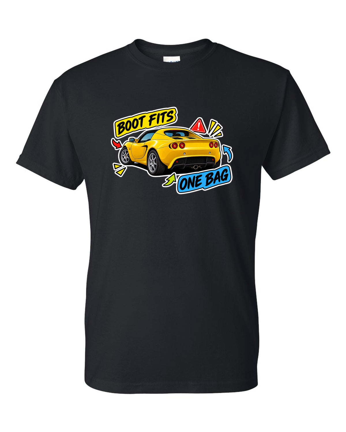 Lotus Elise S2 sticker bomb collage with BOOT FITS ONE BAG lettering black t-shirt front view with the design