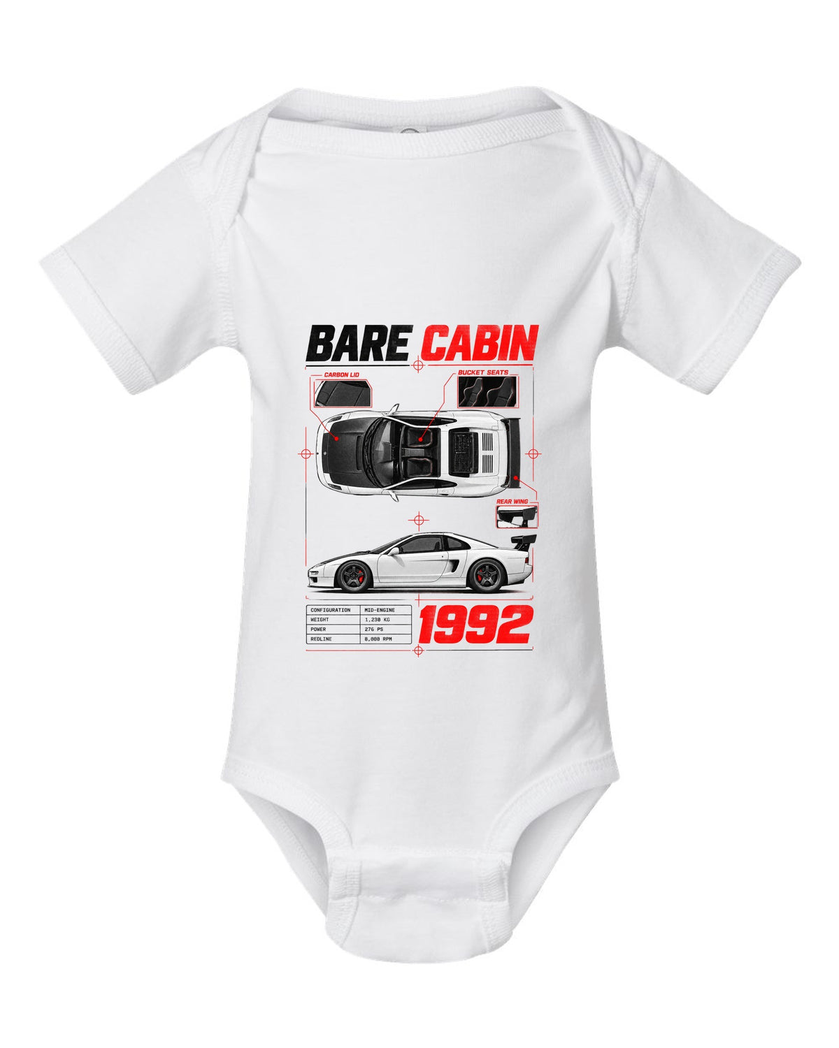 Spec poster print for the 1992 Honda NSX-R NA1 listing bare cabin, bucket seats and carbon lid white baby onesie front view with the design
