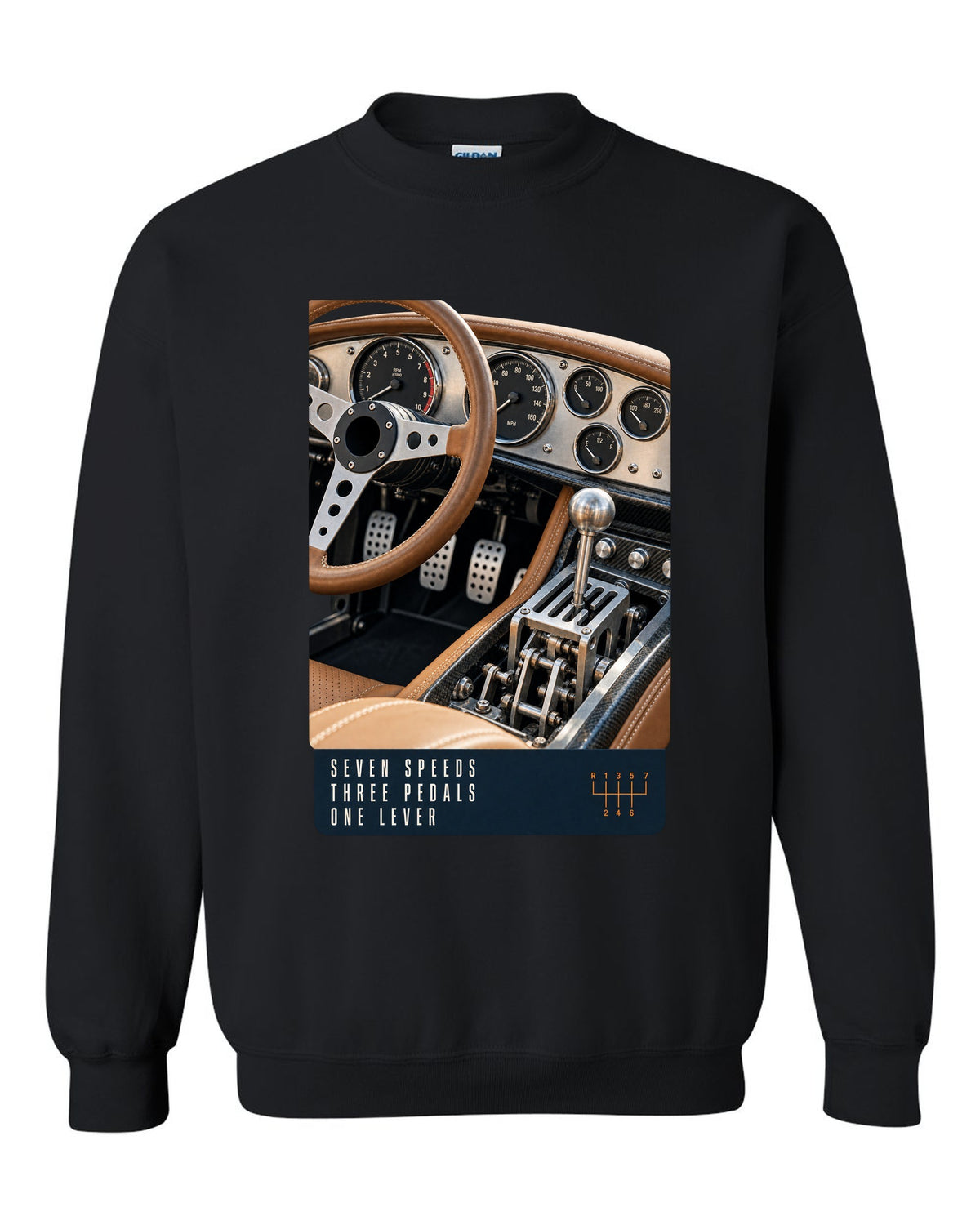 print of the Pagani Utopia manual cockpit and gated shifter black crewneck front view with the design