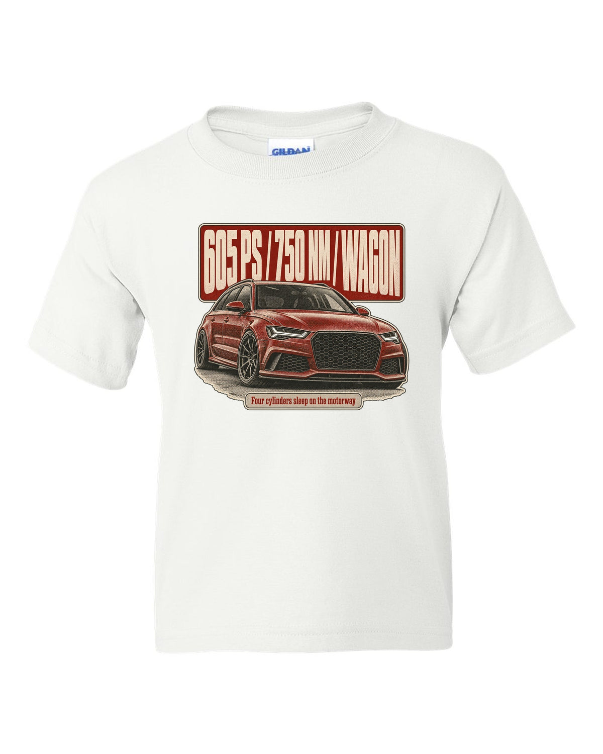 Audi RS6 Avant Performance C7 halftone statement print with 605 PS white kids tee front view with the design