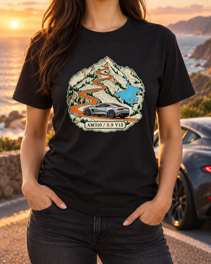 Aston Martin Vanquish AM310 Topographic Route Map Shirt T-Shirt Black worn hero