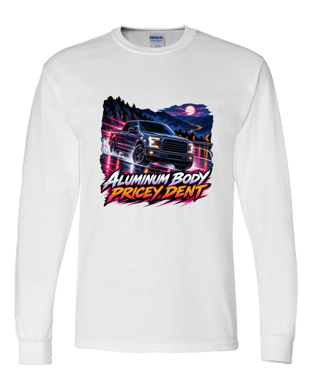 Cel-shaded anime night mountain pass print of a 2015-20 Ford F-150 P552 truck white long sleeve front view with the design