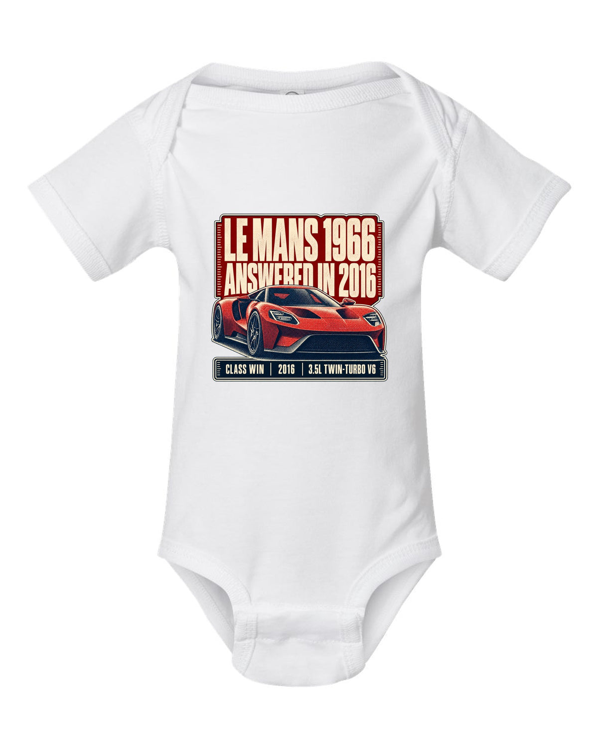 Halftone print of a Ford GT low front three-quarter with Le Mans 1966 and 2016 text white baby onesie front view with the design
