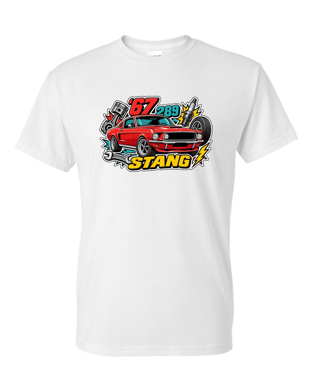 Sticker-bomb collage print of a 1967 Ford Mustang fastback white t-shirt front view with the design