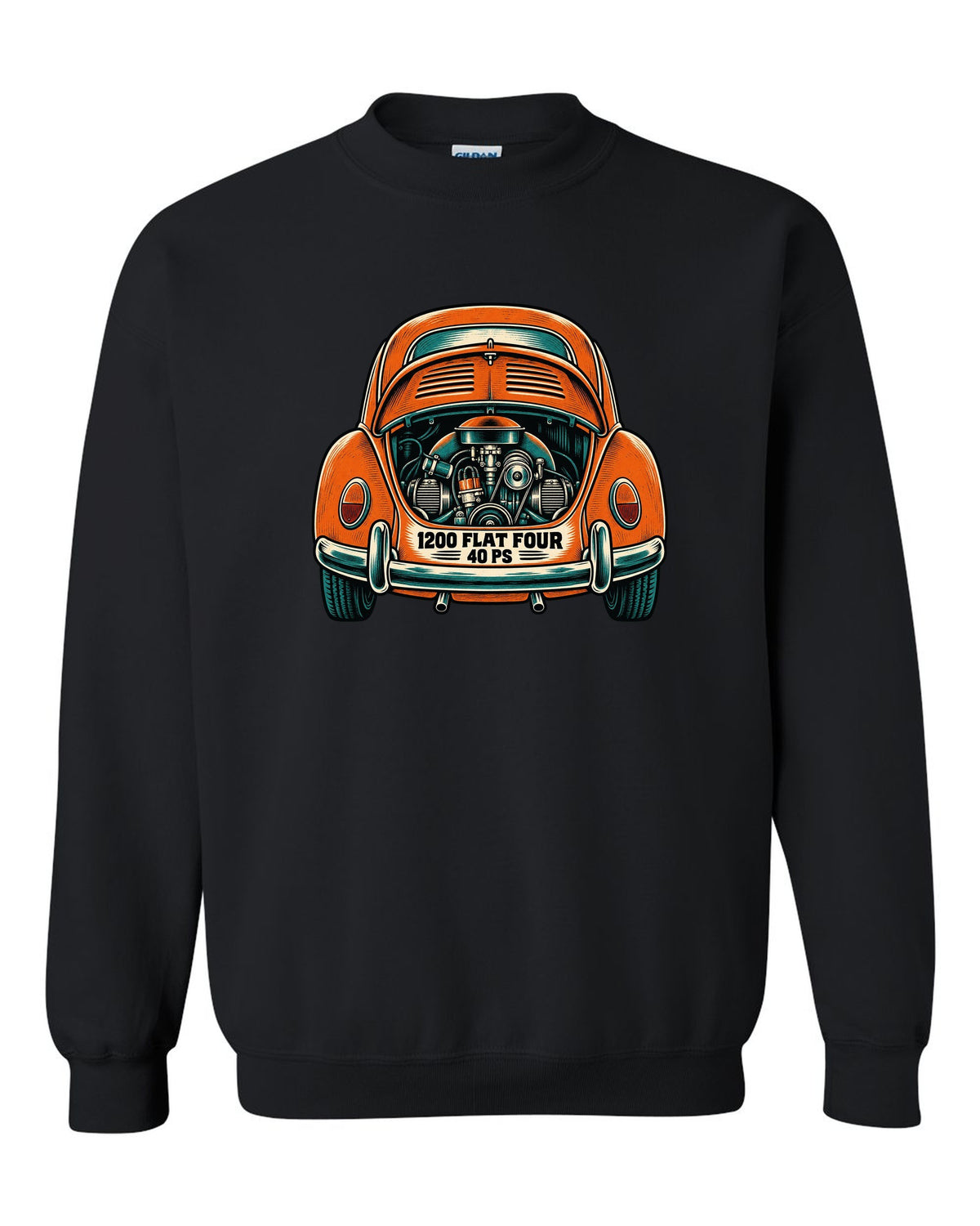 Linocut woodcut style VW Beetle Type 1 with 1200 flat four and 40 PS lettering black crewneck front view with the design