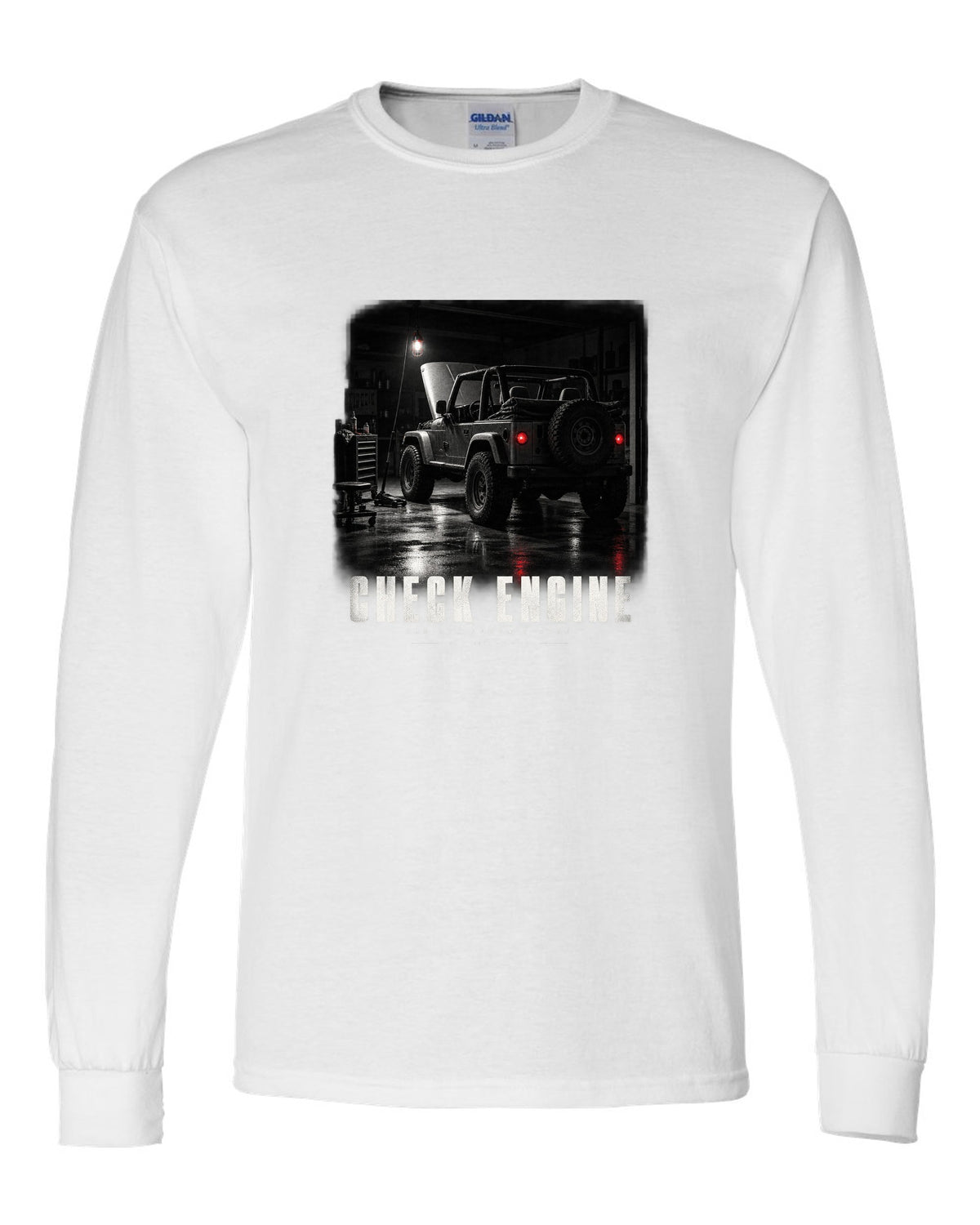Garage night print for the Jeep Wrangler TJ, Check Engine The 4.0 Doesn't Care white long sleeve front view with the design