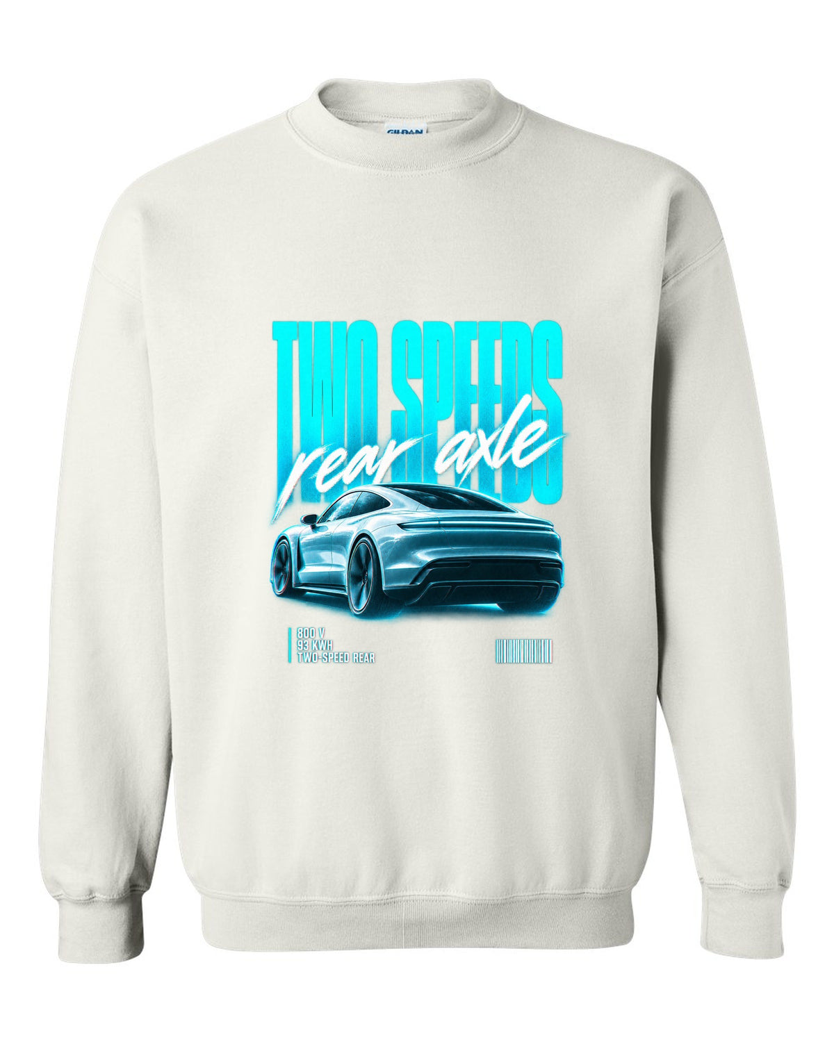 Audi e-tron GT 2021 rear three-quarter street poster with two speeds text white crewneck front view with the design