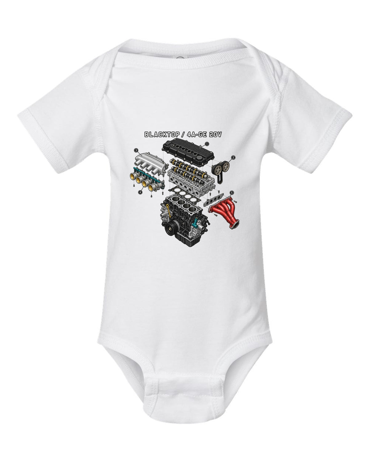 Exploded engine diagram of the blacktop 4A-GE 20V for the Toyota Corolla AE111 white baby onesie front view with the design