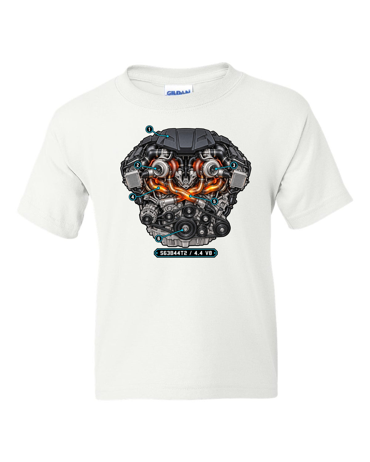Exploded cutaway engine print of the BMW S63 4.4 V8 from the X5 M F85 white kids tee front view with the design