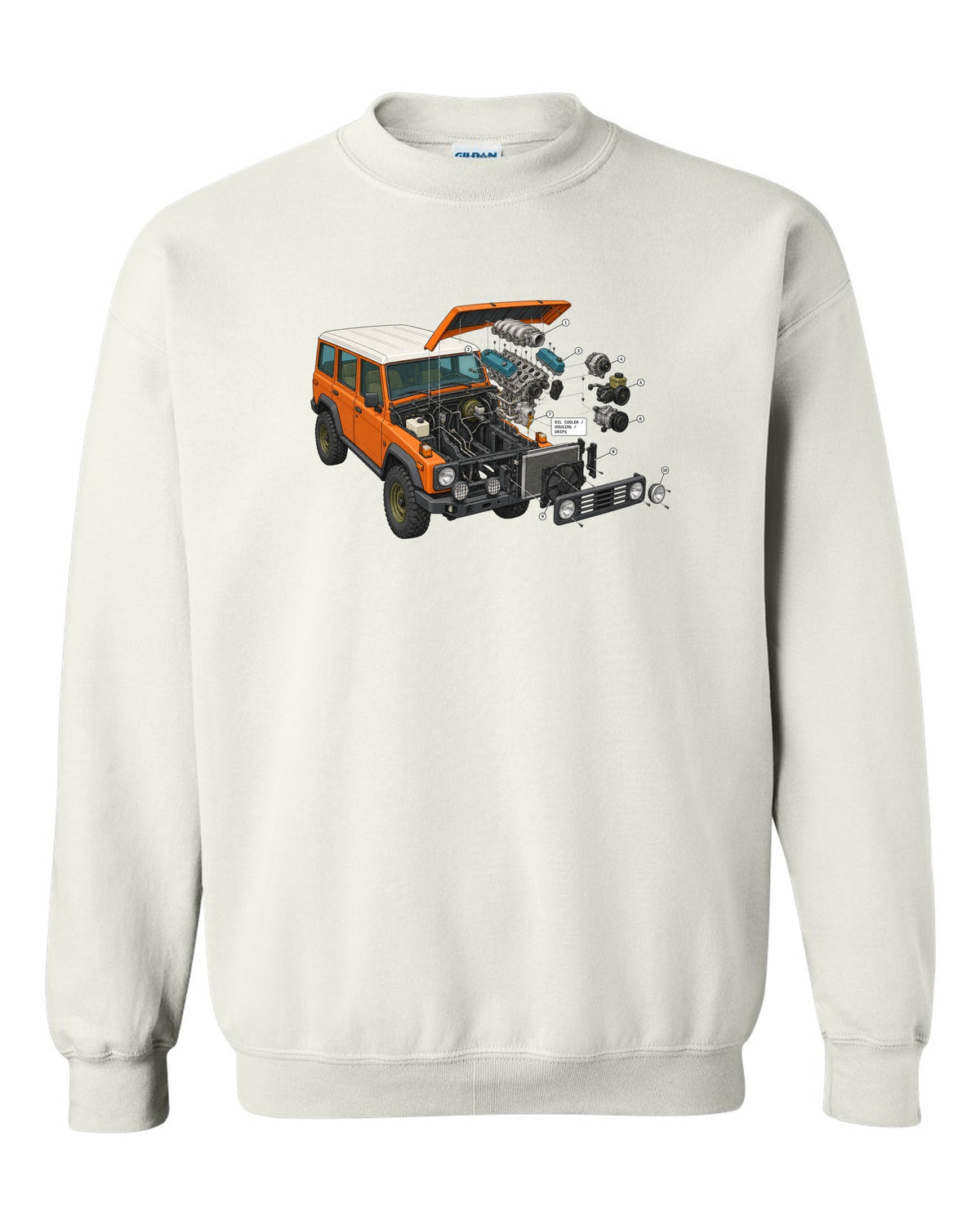 Jeep Wrangler JK V6 exploded engine bay diagram with oil cooler housing drips labels white crewneck front view with the design