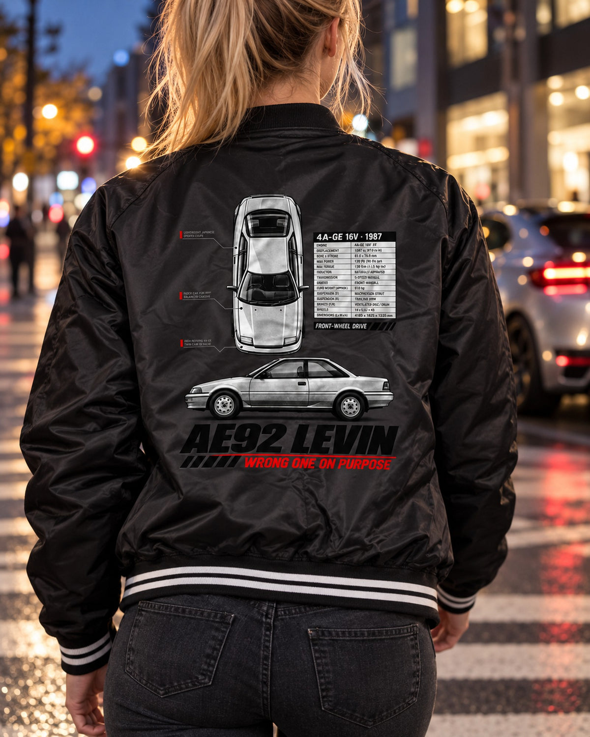 Toyota Corolla Levin AE92 Front-Drive Spec Poster Shirt, 4A-GE Bomber Jacket Black worn hero