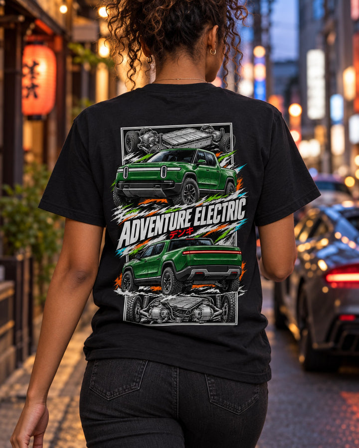 Rivian R1T Torn Poster Full-Back Graphic Tee T-Shirt Black worn hero