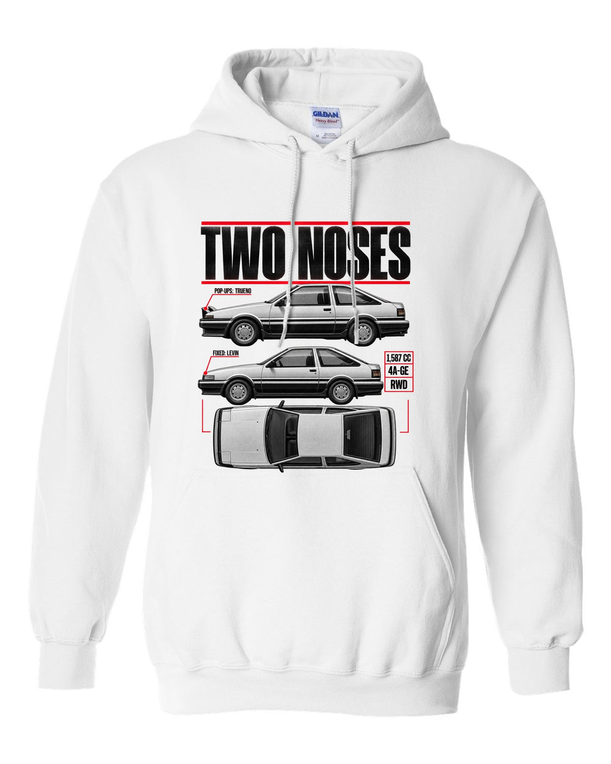 print spec poster of a Toyota AE86 Trueno and Levin in profile with pop-up and fixed headlights white pull over hoodie front view with the design