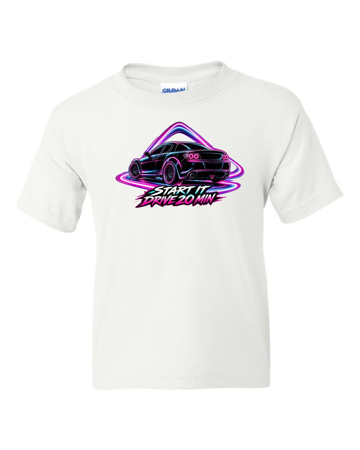 Neon outline light painting of a Mazda RX-8 SE3P with START IT / DRIVE 20 MIN lettering white kids tee front view with the design