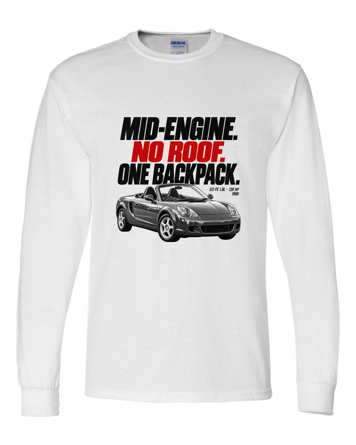 Halftone print of a Toyota MR2 Spyder W30 MR-S with the text Mid-Engine No Roof One Backpack white long sleeve front view with the design