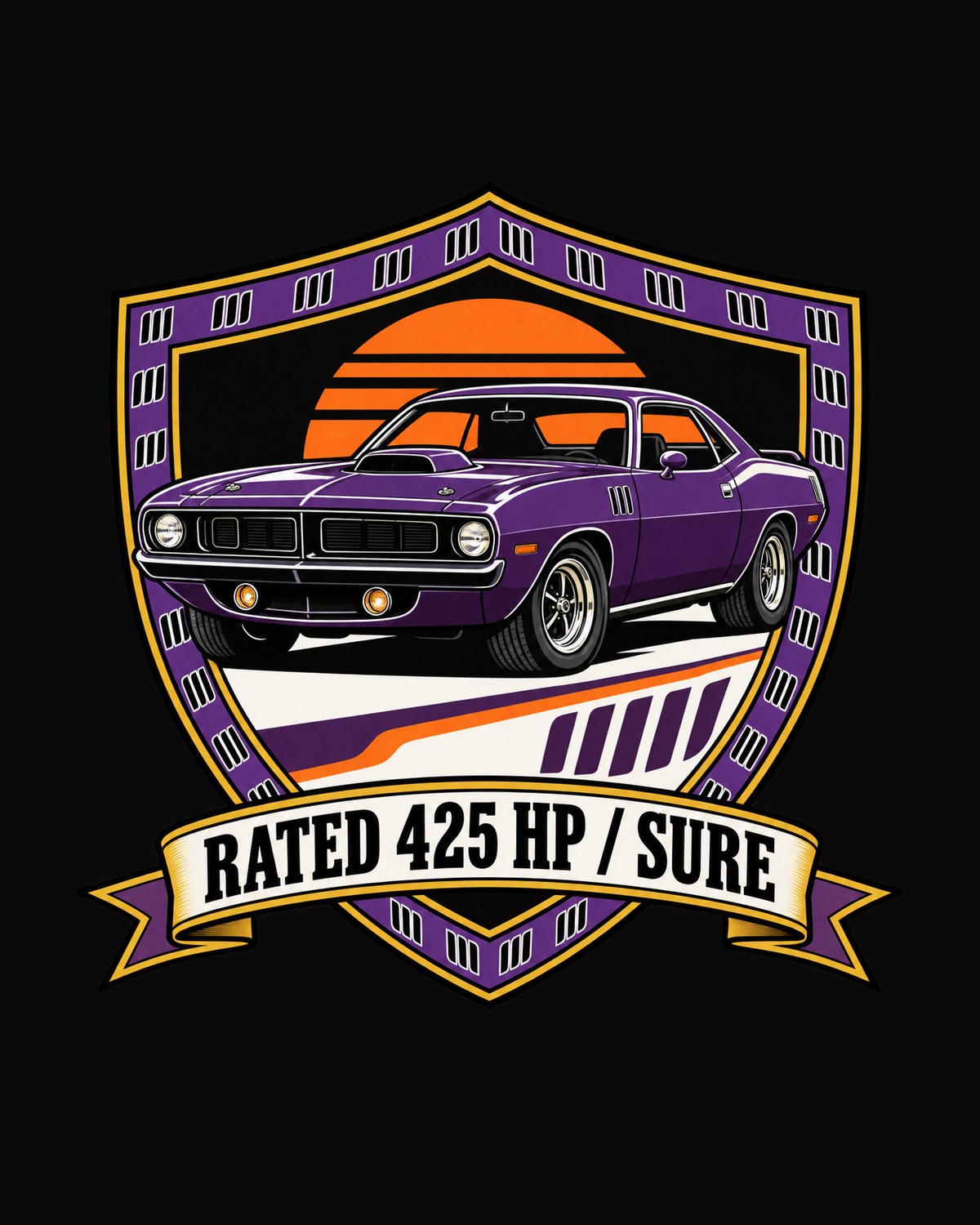 Plymouth Hemi 'Cuda E-Body Shield Tee, Rated 425 HP design only