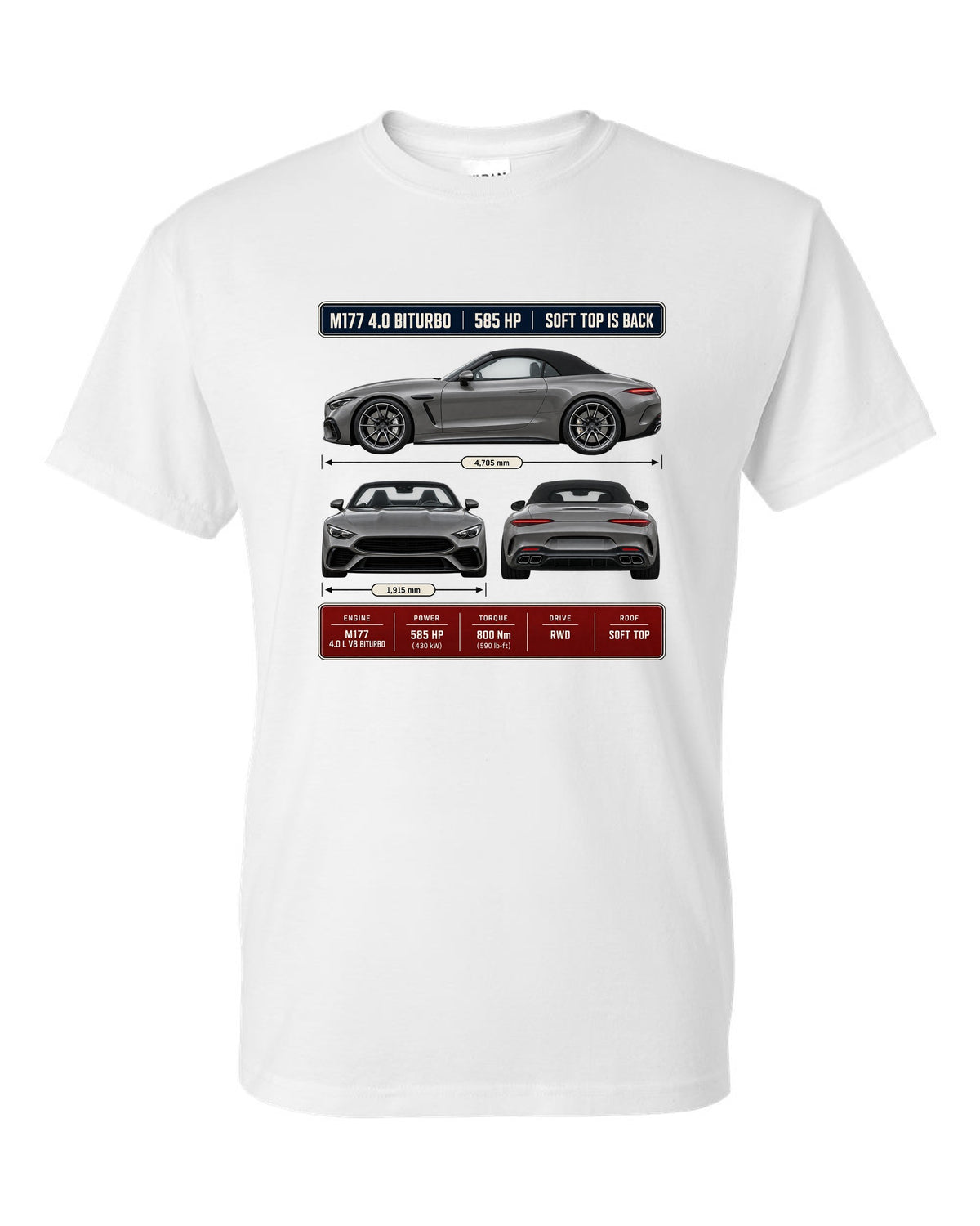 Mercedes-AMG SL63 R232 Three-View Spec white t-shirt front view with the design