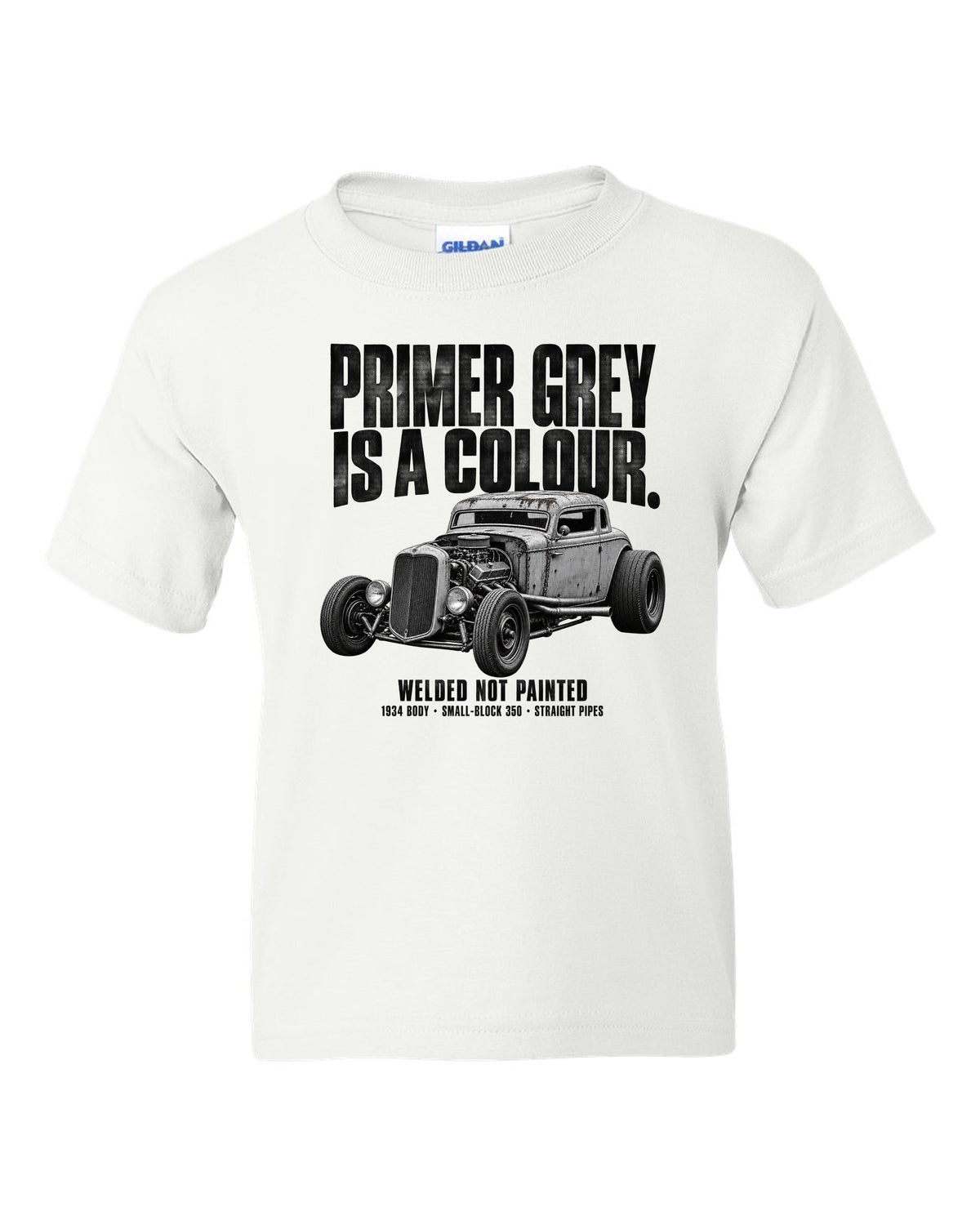 Halftone print of a primer grey 1934-style rat rod coupe white kids tee front view with the design
