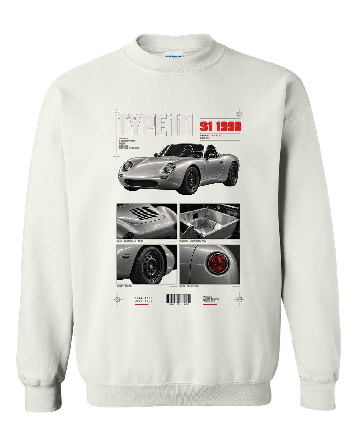 Dossier panel print of a 1996 Lotus Elise S1 Type 111 with bonded aluminium chassis white crewneck front view with the design
